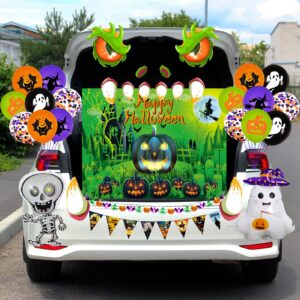 Vlipoeasn Halloween Trunk or Treat Car Decorations, Halloween Cute Scary Monsters PVC Stickers, Happy Halloween Pumpkin Banner, Balloons, Green Halloween Decor for Car Garage Door Entryway Archway