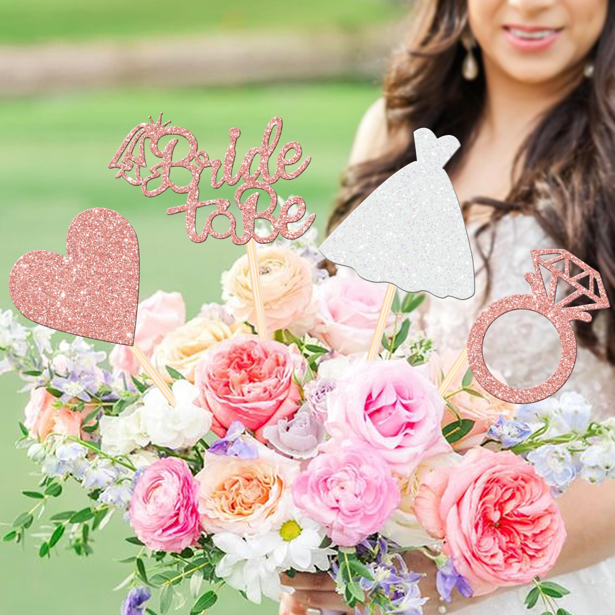 12 PCS Bride to Be Centerpiece Sticks Double Sided Glitter Heart Ring Dress Bridal Shower Table Flower Centerpieces for Wedding Engagement Bachelorette Party Flower Decorations Supplies Rose Gold