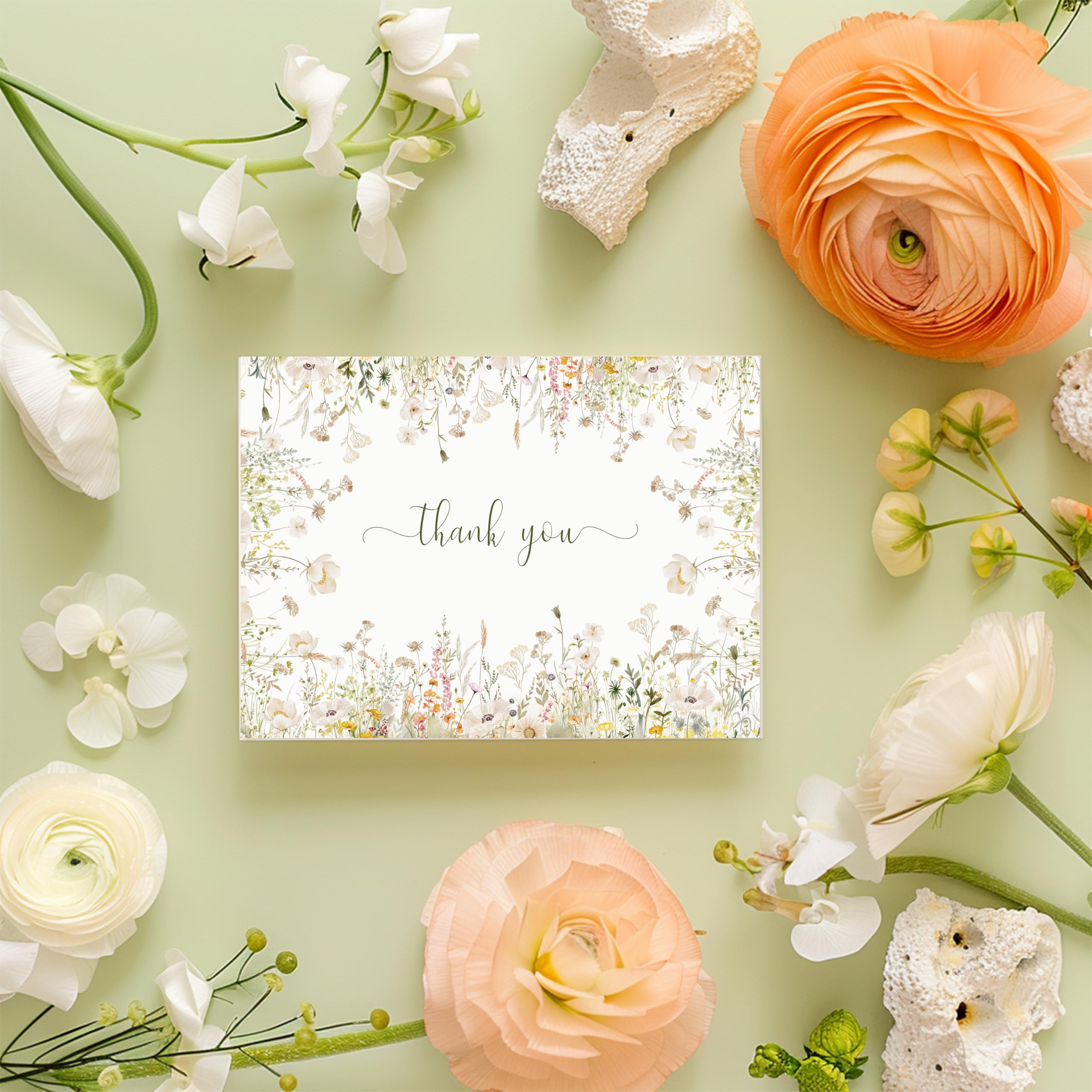 Floral Thank You Cards With Envelopes,20Pack - 4x6 Thank You Cards Set,Perfect Thank You Cards Bulk For All Occasions,incl. Baby Shower, Wedding, Birthday Party, Greeting (Olive green wildflowers)