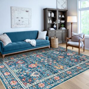 sivilife blue 5x7 area rugs for living room, washable rugs for bedroom non slip throw rugs, vintage floral large accent rug soft low pile carpet for dining room nursery playroom classroom office