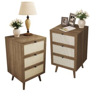 phoyal rattan nightstand set of 2, end table rattan bedside table with storage 3-drawer side table with 3 hand made rattan decorated drawers wood accent table, walnut 2 pack