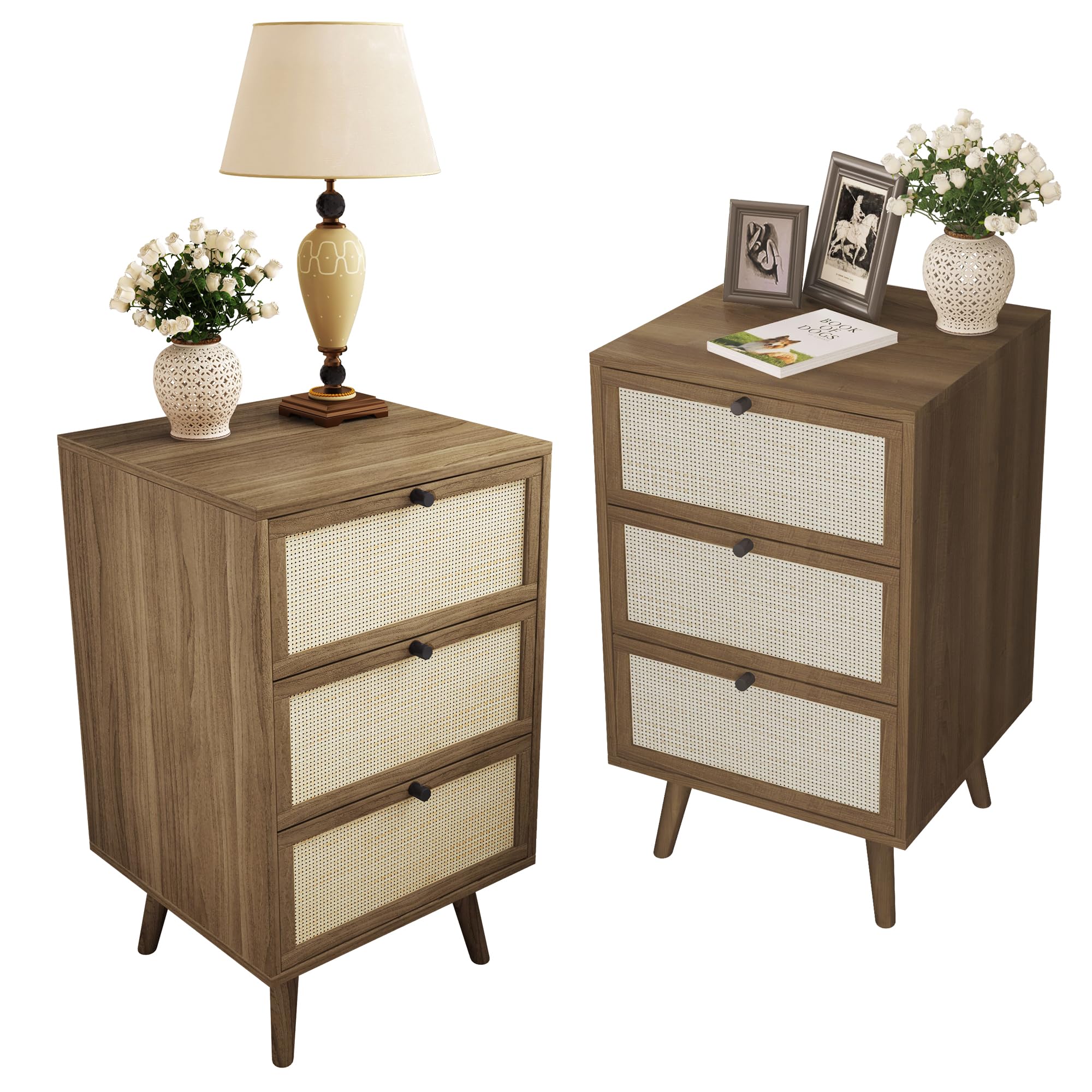 PHOYAL Rattan Nightstand Set of 2, End Table Rattan Bedside Table with Storage 3-Drawer Side Table with 3 Hand Made Rattan Decorated Drawers Wood Accent Table, Walnut 2 Pack