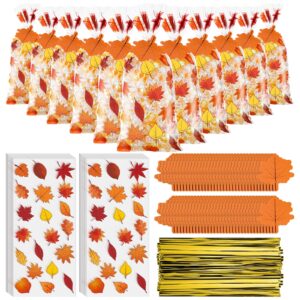 gueevin 150 set fall leaves cellophane treat bags goodie candy bag bulk cookie bags cello bags with twist ties gift cards party favors bags for party supplies