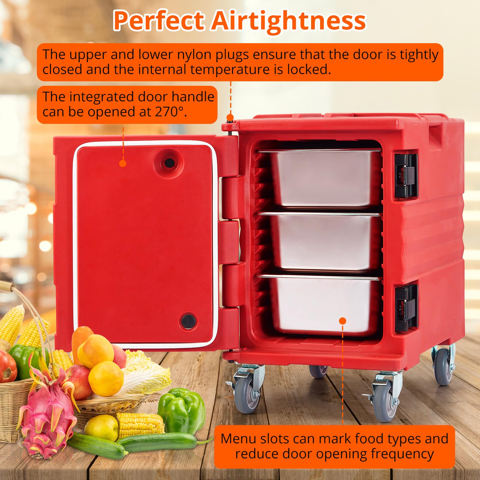 Portable Food Warmer 82Qt-Hot Box, Lldpe Food Box Carrier Double, End Loader Wheels, Easy Transport, Good Insulation, Strong Sealing, Durable, Ideal for Family Gathering, Canteen, Restaurant, Red