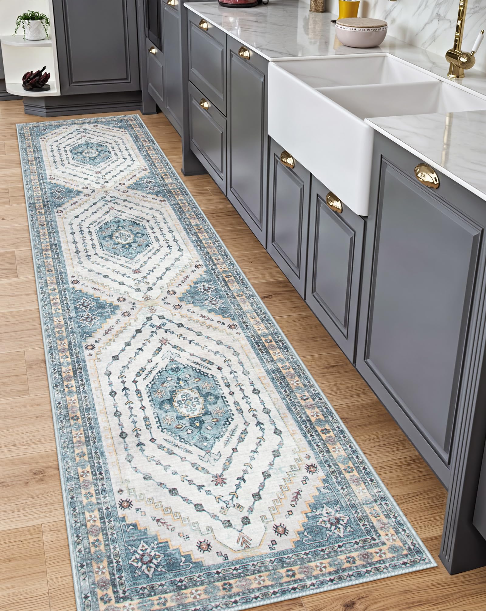 Sivilife Boho Hallway Runner Rug Washable Runner Rugs for Hallway, 2'6''X10' Extra Long Kitchen Rugs Non Slip, Blue Runner Rugs with Rubber Backing, Tribal Carpet Runner Rugs for Entryway Corridor