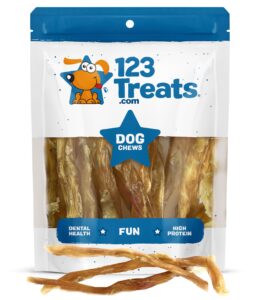 123 treats beef tendon chews for dogs – 7-9 inches beef strap chew sticks, high in protein, 100% natural, grain & gluten-free dog treats, great for dental health (8 oz bag)