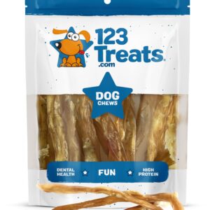 123 Treats Beef Tendon Chews for Dogs – 7-9 inches Beef Strap Chew Sticks, High in Protein, 100% Natural, Grain & Gluten-Free Dog Treats, Great for Dental Health (8 Oz Bag)