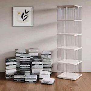 ZXFWRJDJ Rotating Bookshelf Tower, 360 Display Spinning Bookshelf,Small Corner Bookshelf for Small Space,Suitable for Bedrooms, Living Looms, Offices, and Study Rooms (White，5 Tier, 14x14x66