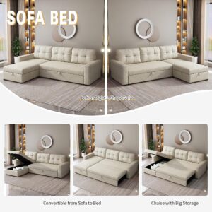 Acosure 81.5" Sectional Sofa with Storage Chaise & Pull-Out Bed,L-Shape Convertible Corner Couch W/ 3 Back Cushions,Upholstered Sleeper for Apartment Dorm Living Room,Beige