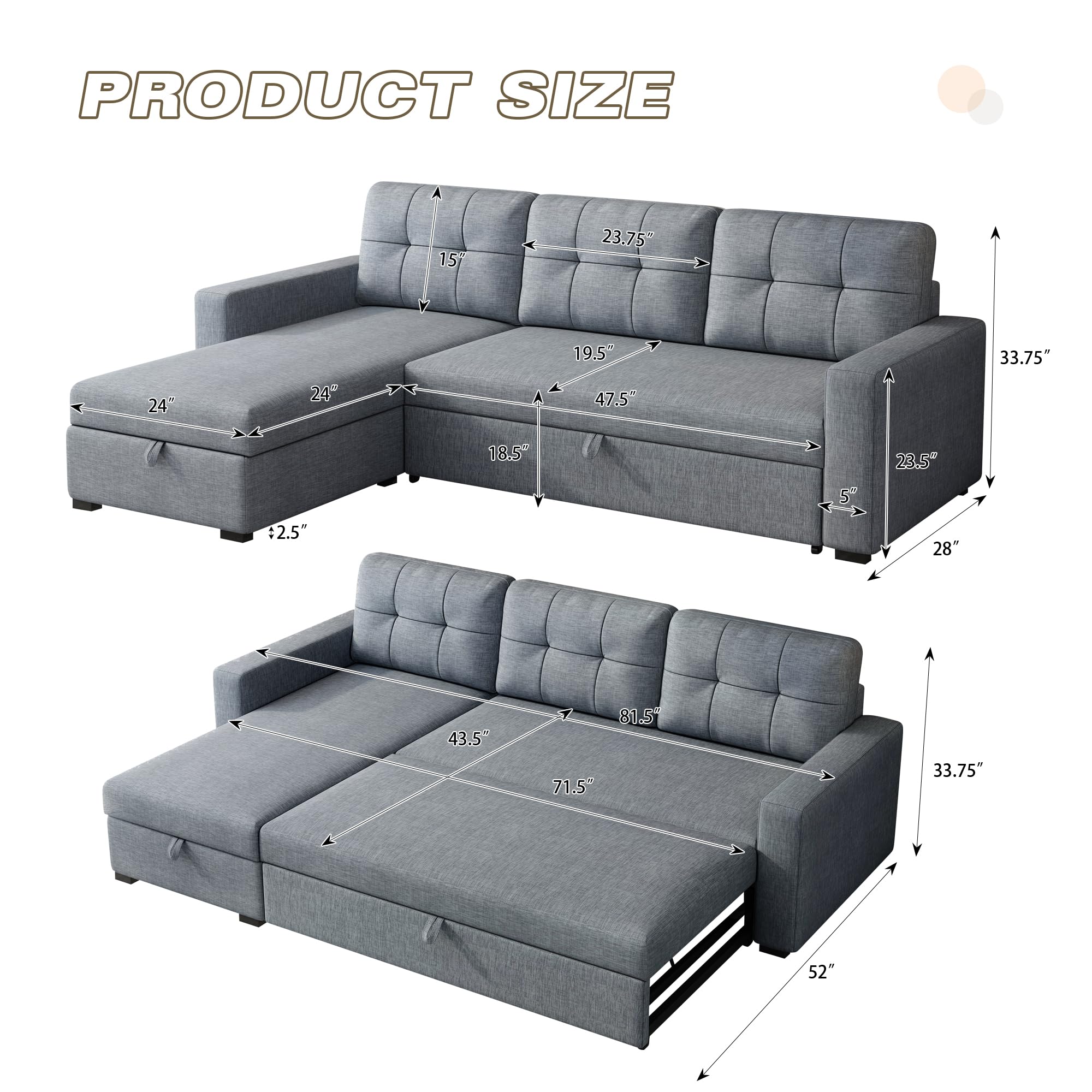 Acosure 81.5" Sectional Sofa with Storage Chaise & Pull-Out Bed,L-Shape Convertible Corner Couch W/ 3 Back Cushions,Upholstered Sleeper for Apartment Dorm Living Room,Light Grey