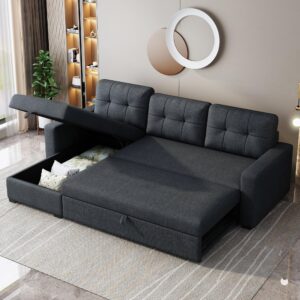 acosure 81.5" sectional sofa with storage chaise & pull-out bed,l-shape convertible corner couch w/ 3 back cushions,upholstered sleeper for apartment dorm living room,dark gray