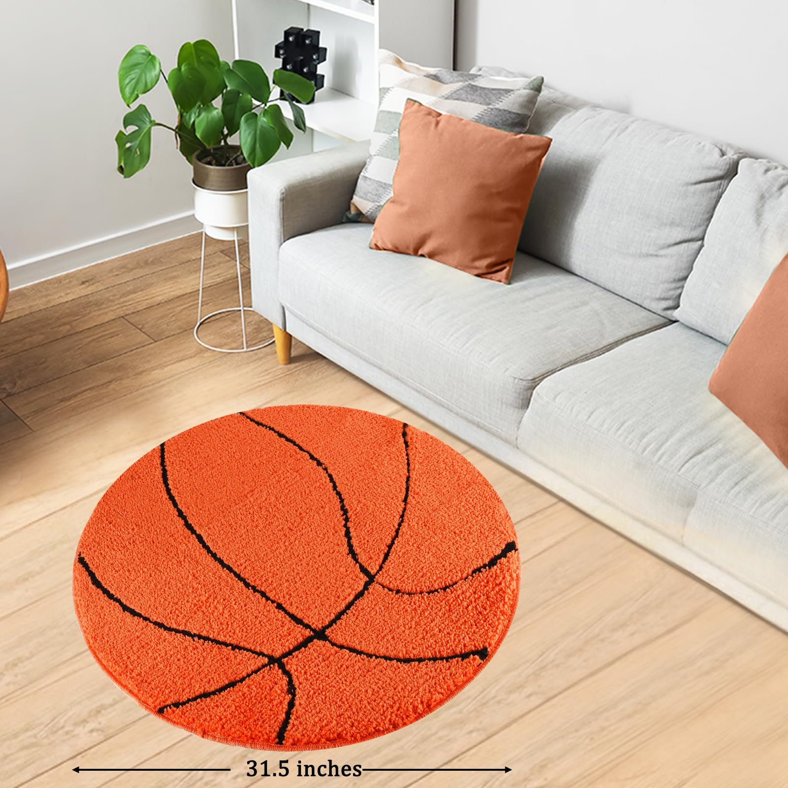 MSYA Basketball Rug, Soft and Fluffy Basketball Rug for Boys Bedroom Microfabric Round Bathroom Rug, Round Area Rug for Living Bathroom Rugs Soccer Decor for Boys Room 31.5 inches (Orange)