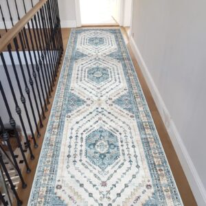 Sivilife Boho Hallway Runner Rug Washable Runner Rugs for Hallway, 2'6''X10' Extra Long Kitchen Rugs Non Slip, Blue Runner Rugs with Rubber Backing, Tribal Carpet Runner Rugs for Entryway Corridor