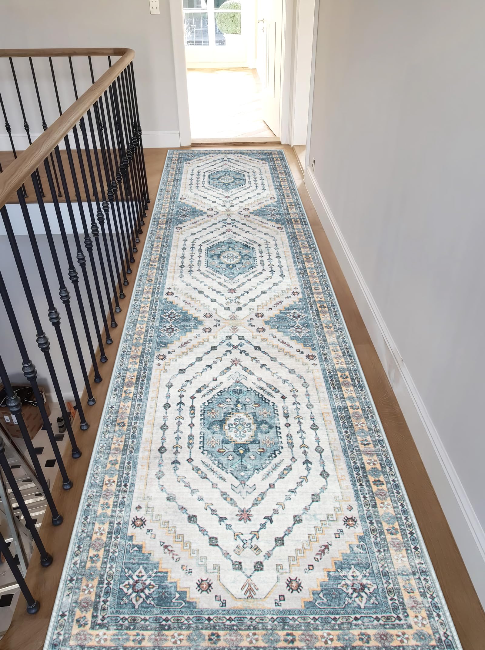 Sivilife Boho Hallway Runner Rug Washable Runner Rugs for Hallway, 2'6''X10' Extra Long Kitchen Rugs Non Slip, Blue Runner Rugs with Rubber Backing, Tribal Carpet Runner Rugs for Entryway Corridor