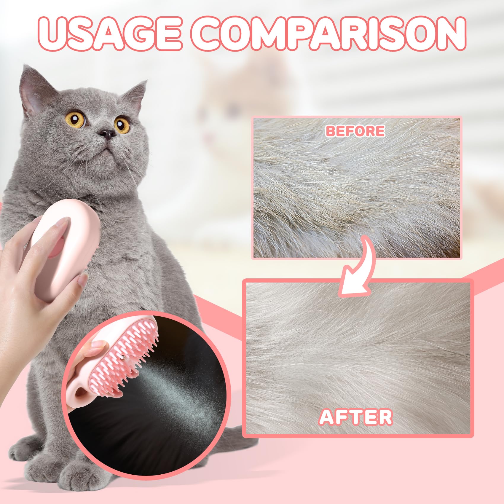 Cat Steam Brush, Pet Steam Brush, Spray Comb for Cats Massage Shedding,Water Brush for Dogs/Cats Steaming Cat Grooming Brush for Removing Tangled and Loose Hair Steam Brush for Cats (Pink)