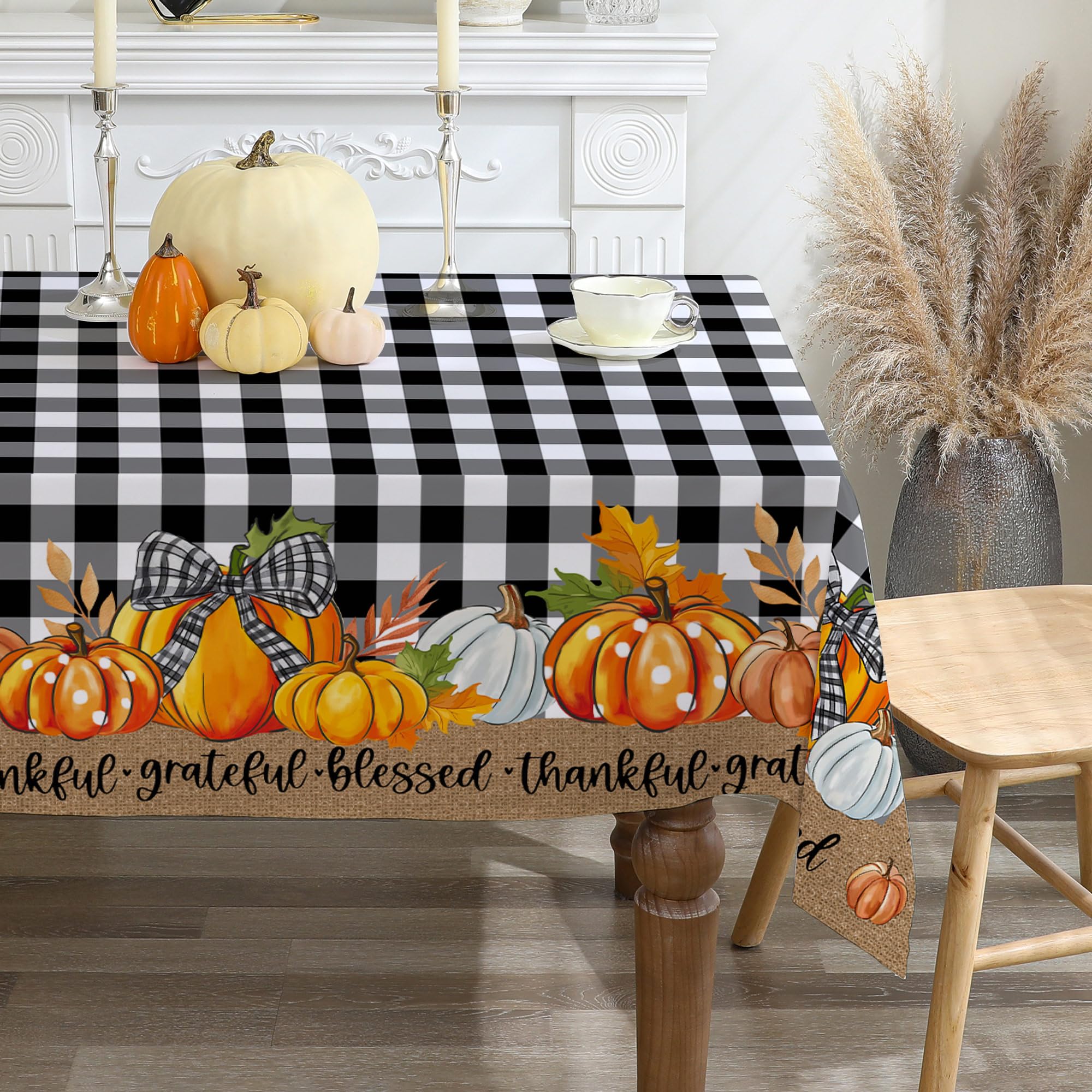 cusugbaso Thanksgiving Tablecloth 60x84 Inch Rectangle - Black Plaid Pumpkins Fall Decorations for Home - Water Resistant Harvest Fall Table Cloth Rectangle for Party, Dinning, Home