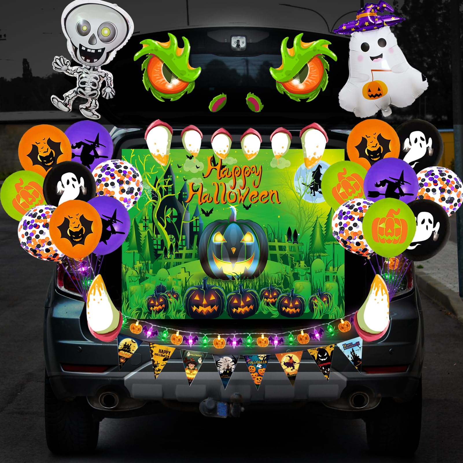 Vlipoeasn Halloween Trunk or Treat Car Decorations, Halloween Cute Scary Monsters PVC Stickers, Happy Halloween Pumpkin Banner, Balloons, Green Halloween Decor for Car Garage Door Entryway Archway