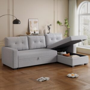 acosure 82" sectional sleeper sofa with storage chaise & pull-out bed,l-shape convertible 3 seater couch w/tufted backrest,reversible sleeper for living room apartment office,light gray