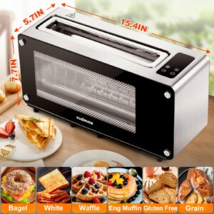 CUSIMAX Toaster 2 Slice,Toaster Long Slot with Clear View Glass Window,One Touch Digital Control Presets with Automatic Lifting,Slide-out Glass Panel and Easy Clean Up Crumb Tray,Black Toaster