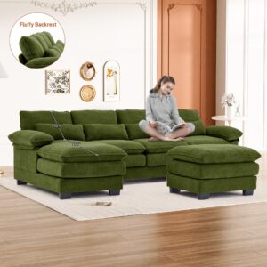 Nolohoo U Shape Sectional Sofa Cloud Couch for Living Room, 114" Comfy Chenille Modular Deep Seat Sofa, Modern 4 Seat Large Fluffy Couch with Lounge Chaise Ottoman Pillows, Emerald Green