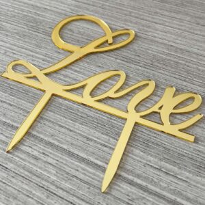 JIEEIN Love Cake Topper - Wedding/Engagement/Bridal Shower/Anniversary/Birthday/Bachelorette/Confession Party Decorations Supplies (Mirror Gold Acrylic)