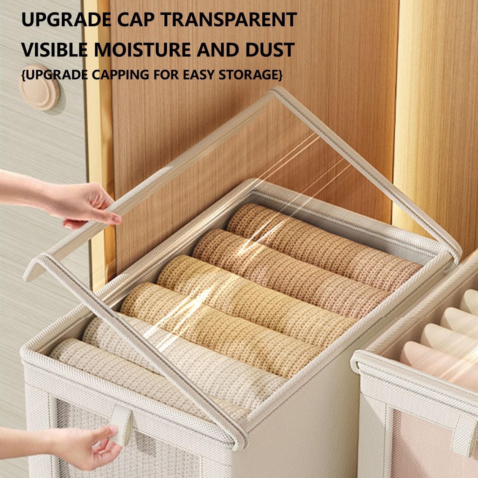 Oxford Cloth Window Visible Clothing Storage Box With Lid Large Fabric Storage Box for Home Storage (Beige)