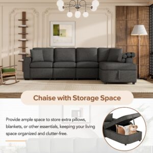 Modern L-Shape Sectional Couch with Storage Chaise,Cup Holder and USB Ports, Reversible Sleeper Sofa for Living Room Black