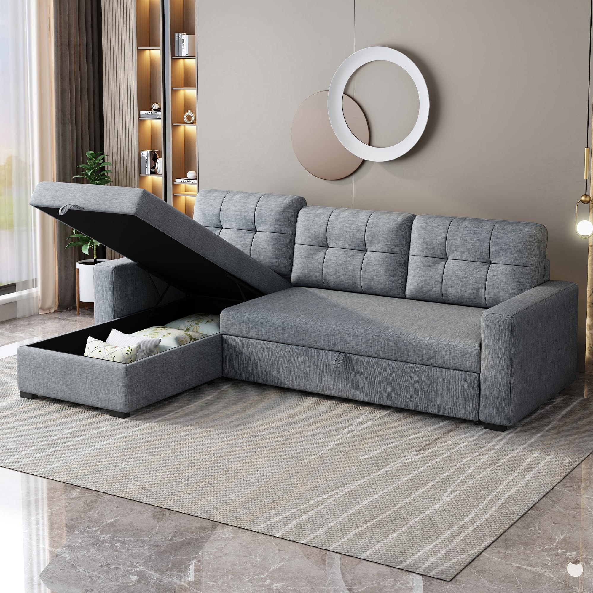 Acosure 81.5" Sectional Sofa with Storage Chaise & Pull-Out Bed,L-Shape Convertible Corner Couch W/ 3 Back Cushions,Upholstered Sleeper for Apartment Dorm Living Room,Light Grey