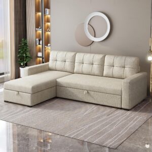 Acosure 81.5" Sectional Sofa with Storage Chaise & Pull-Out Bed,L-Shape Convertible Corner Couch W/ 3 Back Cushions,Upholstered Sleeper for Apartment Dorm Living Room,Beige