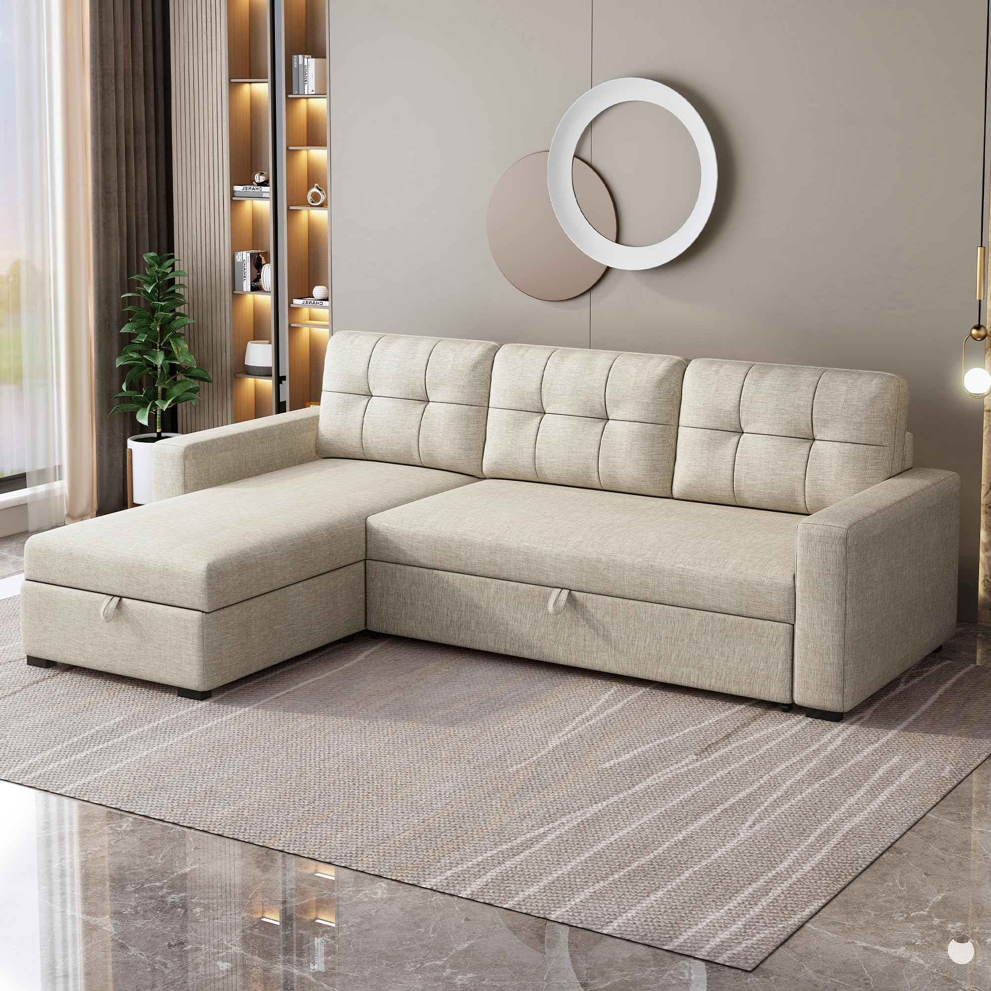 Acosure 81.5" Sectional Sofa with Storage Chaise & Pull-Out Bed,L-Shape Convertible Corner Couch W/ 3 Back Cushions,Upholstered Sleeper for Apartment Dorm Living Room,Beige