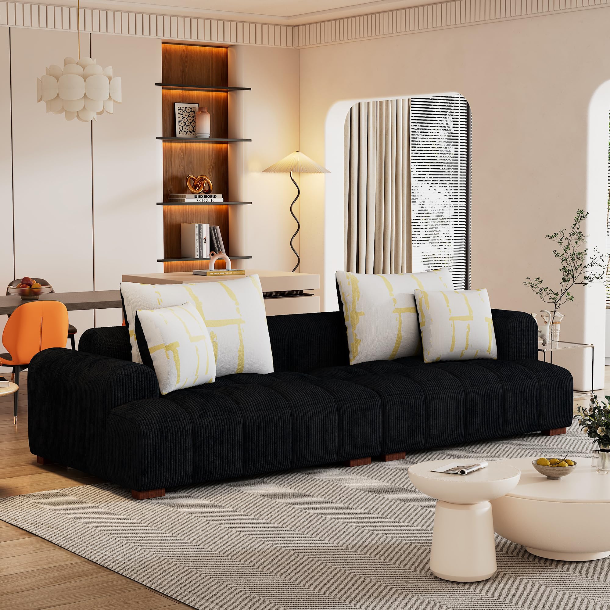 Modern Living Room Sofa Cozy Bedroom Couch 4 Pillows & Rubber Wood Legs Black