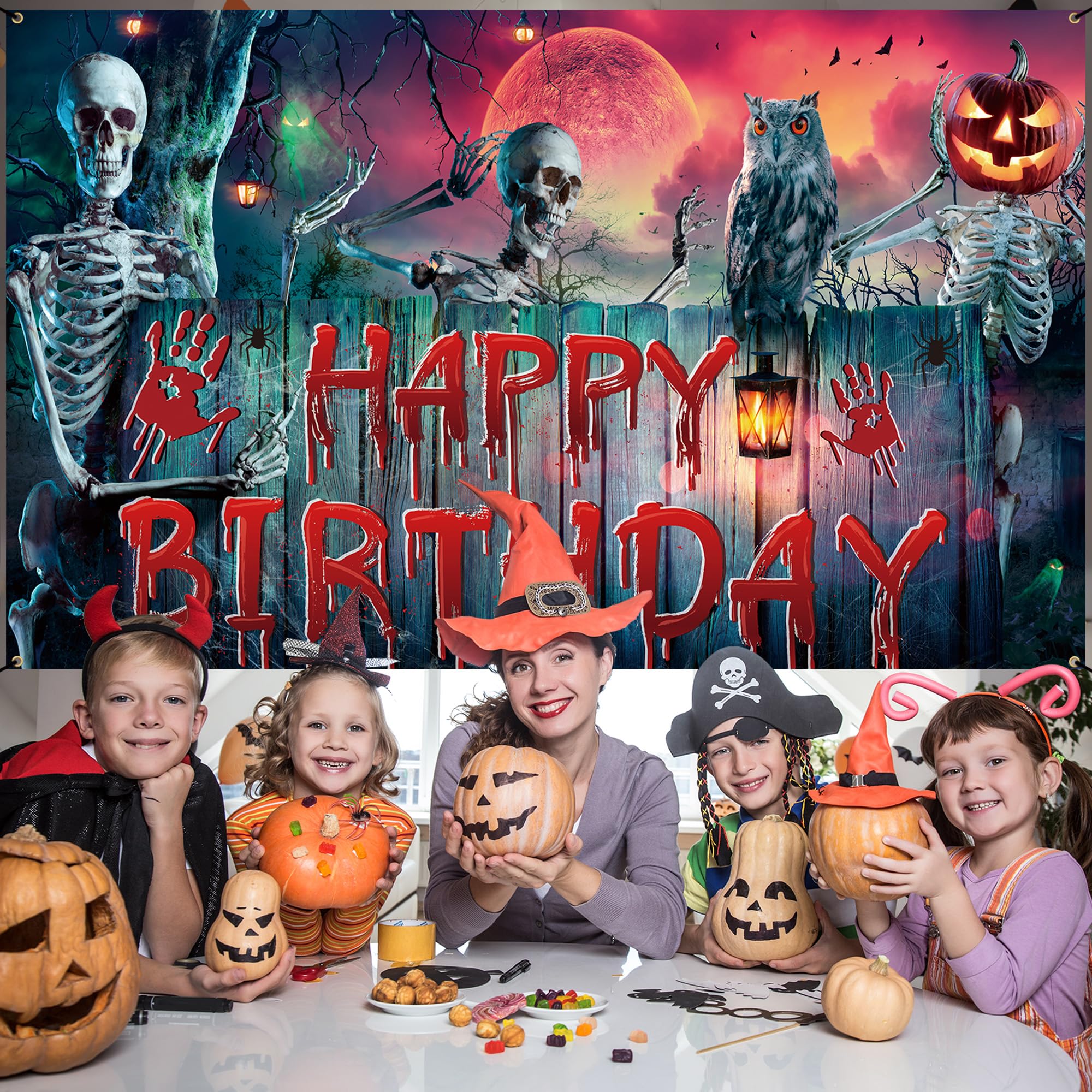 Roetyce Halloween Birthday Party Decorations, Skull Halloween Birthday Banner Outdoor Indoor 6x4ft, Scary Birthday Backdrop for Kids, Halloween Birthday Party Supplies, Happy Birthday Photo Background