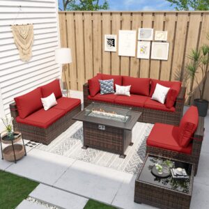 udpatio patio furniture sets with fire pit table, modular rattan outdoor conversation patio sectional furniture sofa set for backyard, deck w/coffee table, 8pc brown/red (include sofa cover)