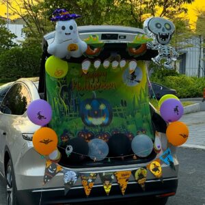 Vlipoeasn Halloween Trunk or Treat Car Decorations, Halloween Cute Scary Monsters PVC Stickers, Happy Halloween Pumpkin Banner, Balloons, Green Halloween Decor for Car Garage Door Entryway Archway