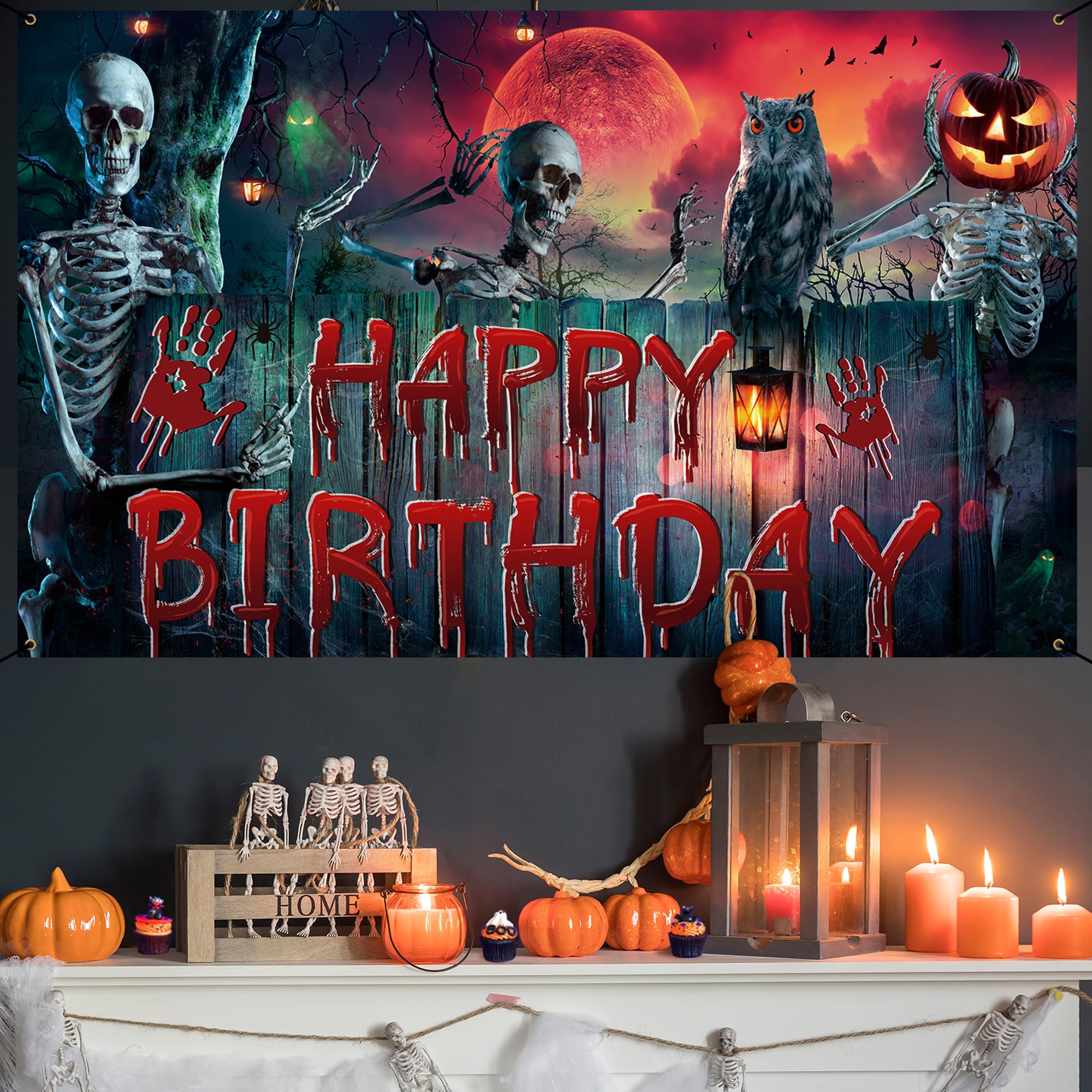 Roetyce Halloween Birthday Party Decorations, Skull Halloween Birthday Banner Outdoor Indoor 6x4ft, Scary Birthday Backdrop for Kids, Halloween Birthday Party Supplies, Happy Birthday Photo Background