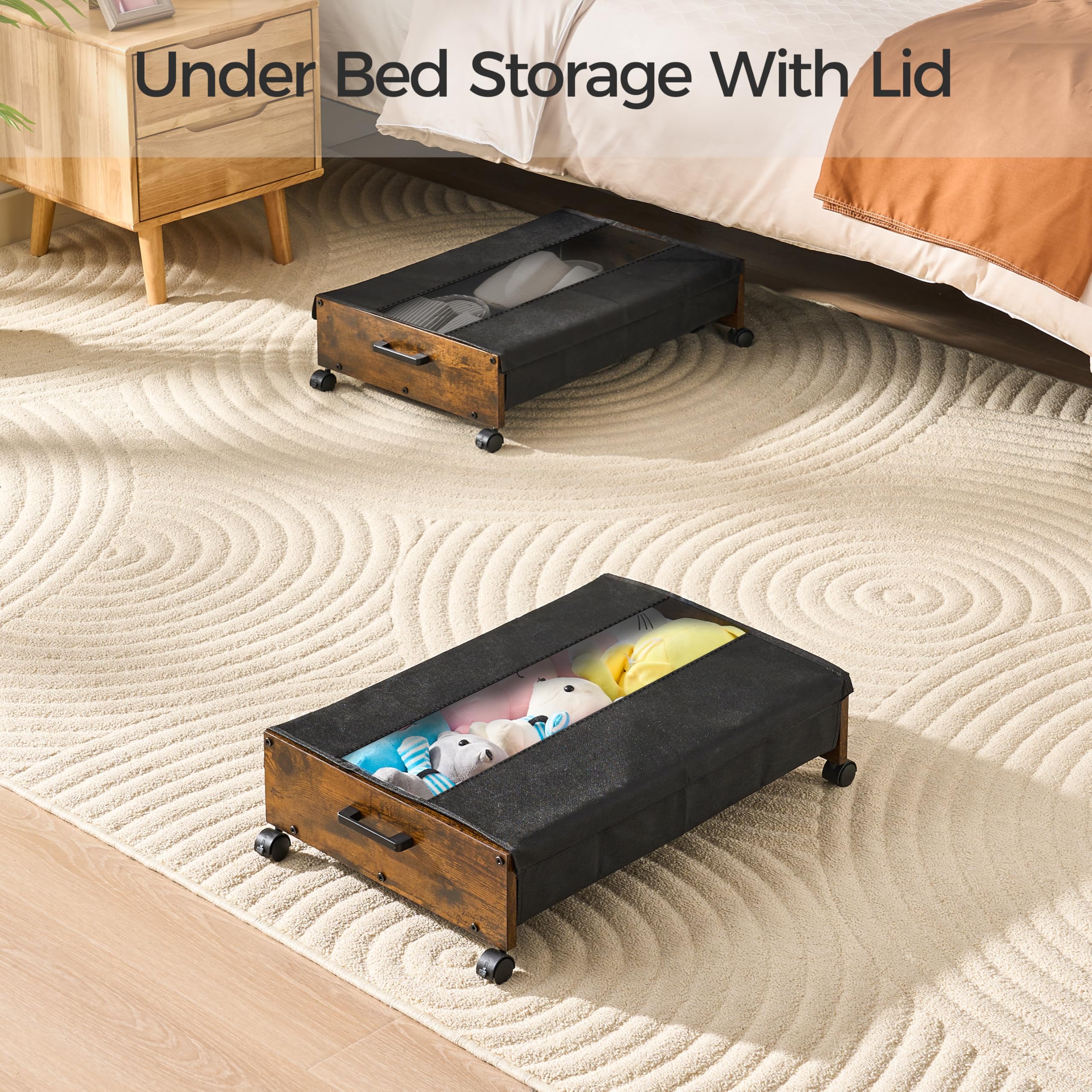 FOUCSSOMEI Under Bed Storage with Wheels, Under Bed Drawers On Wheels, Rolling Under Bed Storage with Metal Frame,for Clothes Shoes Blanket Toys, Patented Design