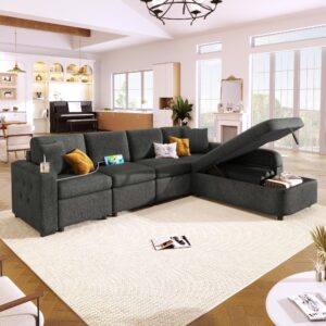 modern l-shape sectional couch with storage chaise,cup holder and usb ports, reversible sleeper sofa for living room black