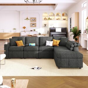 Modern L-Shape Sectional Couch with Storage Chaise,Cup Holder and USB Ports, Reversible Sleeper Sofa for Living Room Black