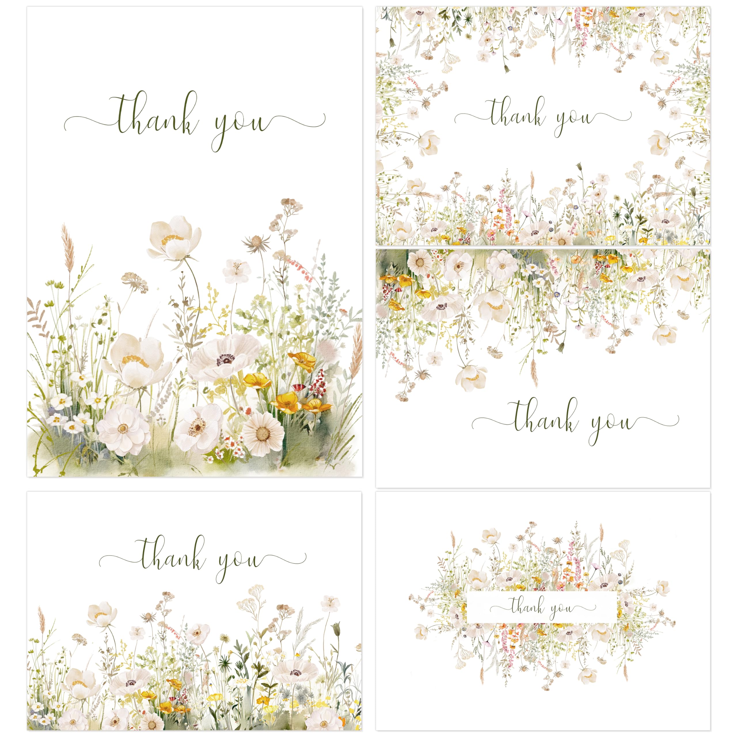 Floral Thank You Cards With Envelopes,20Pack - 4x6 Thank You Cards Set,Perfect Thank You Cards Bulk For All Occasions,incl. Baby Shower, Wedding, Birthday Party, Greeting (Olive green wildflowers)