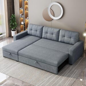 Acosure 81.5" Sectional Sofa with Storage Chaise & Pull-Out Bed,L-Shape Convertible Corner Couch W/ 3 Back Cushions,Upholstered Sleeper for Apartment Dorm Living Room,Light Grey