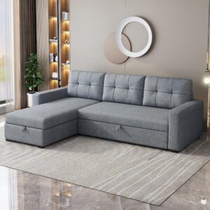 Acosure 81.5" Sectional Sofa with Storage Chaise & Pull-Out Bed,L-Shape Convertible Corner Couch W/ 3 Back Cushions,Upholstered Sleeper for Apartment Dorm Living Room,Light Grey