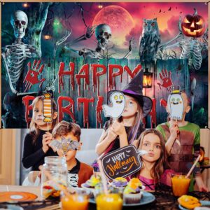 Roetyce Halloween Birthday Party Decorations, Skull Halloween Birthday Banner Outdoor Indoor 6x4ft, Scary Birthday Backdrop for Kids, Halloween Birthday Party Supplies, Happy Birthday Photo Background