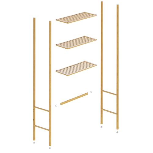 QSN SILK LU 3 Tier Over The Toilet Organizer Rack Bamboo, Freestanding Bathroom Toilet Storage Shelf, Space Saving and Easy to Install, Adjustable Feet, Adjustable Bottom Rod