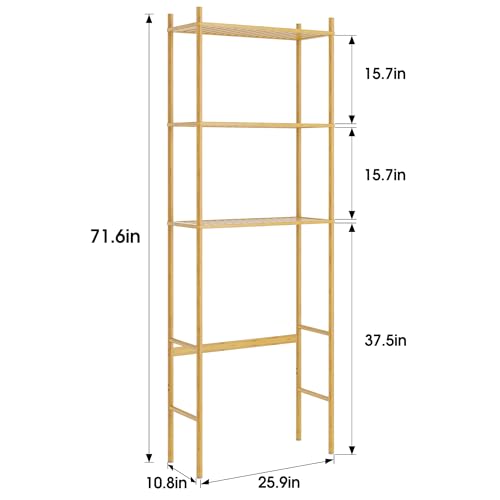 QSN SILK LU 3 Tier Over The Toilet Organizer Rack Bamboo, Freestanding Bathroom Toilet Storage Shelf, Space Saving and Easy to Install, Adjustable Feet, Adjustable Bottom Rod