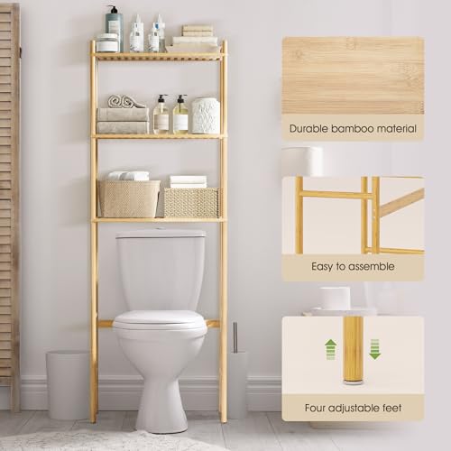 QSN SILK LU 3 Tier Over The Toilet Organizer Rack Bamboo, Freestanding Bathroom Toilet Storage Shelf, Space Saving and Easy to Install, Adjustable Feet, Adjustable Bottom Rod