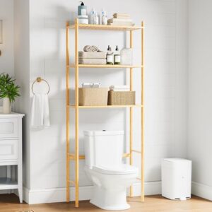 qsn silk lu 3 tier over the toilet organizer rack bamboo, freestanding bathroom toilet storage shelf, space saving and easy to install, adjustable feet, adjustable bottom rod