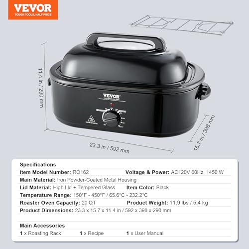 VEVOR Electric Roaster Oven, 20 QT Turkey Roaster Oven with Self-Basting Lid, 1450W Roaster Oven with Defrost & Warm Function, Adjustable Temperature, Removable Pan & Rack, Fits Turkeys Up to 24LBS