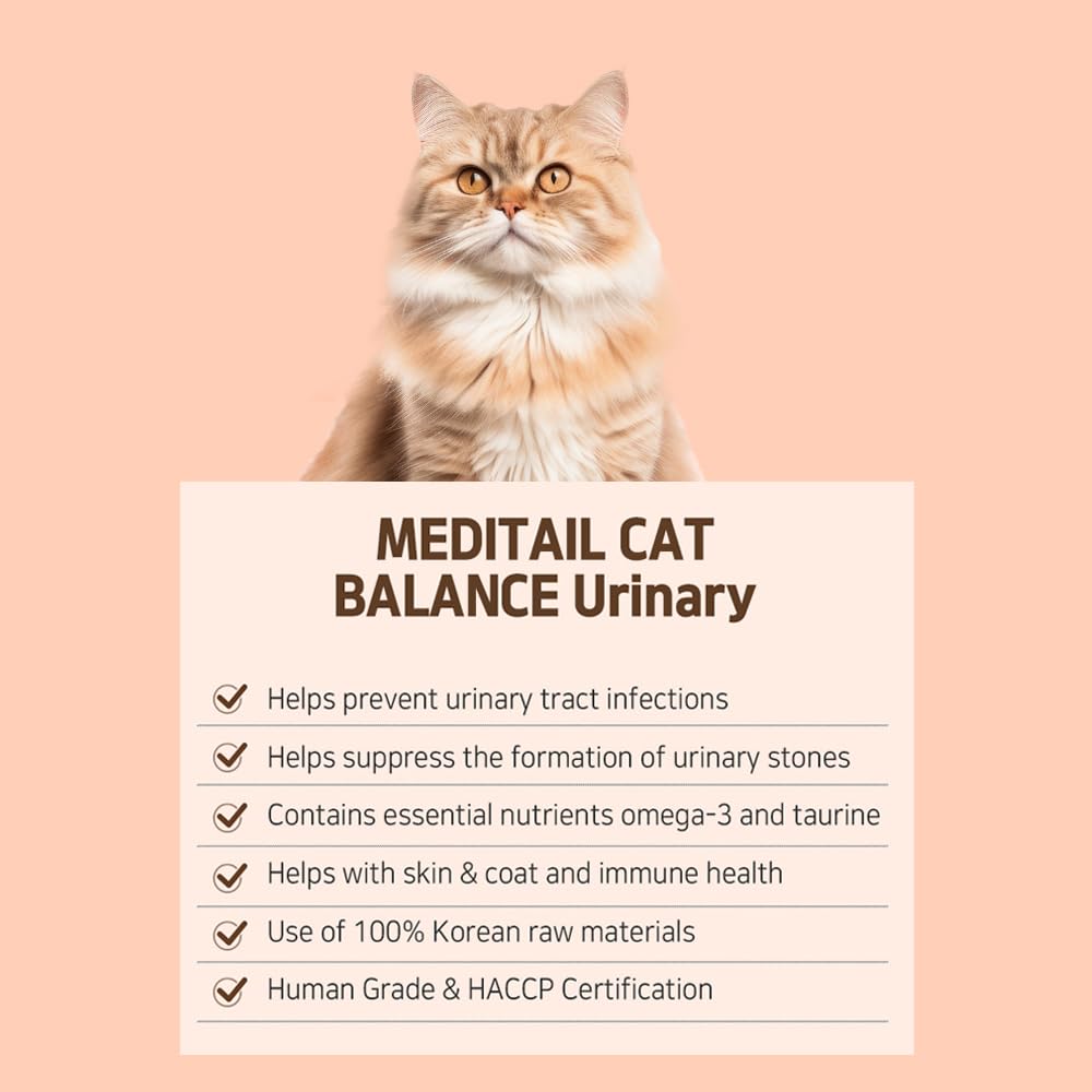 [MEDITAIL] CAT Balance Urinary, Natural Cat Supplement with Cranberry, Curcumin, Taurine, Omega-3, Probiotics, Grain-Free, Digestive Support, Chicken & Tuna Flavor, 0.53 oz x 30 Sticks, Orange