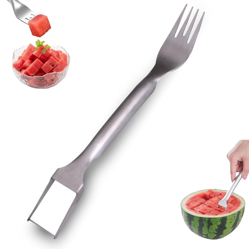 Watermelon Fork Slicer Cutter, Stainless Steel 2-in-1 Watermelon Fork Slicer, Portable Watermelon Fork Watermelon Cutter Slicer Tool Fruit Forks Slicer for Home Party Camping Kitchen Gadget