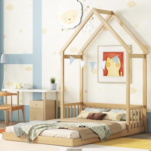 Bellemave Full Size Floor Bed for Kids, Montessori House Bed Frame with House Shape Roof and Semi-Fence, Wood Floor Bed for Boys, Girls, Low to Ground Height, Natural